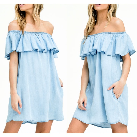 Katelyn USA Dresses & Skirts - Last☝️Blue Chambray Ruffle Off Shoulder CUTE Dress
